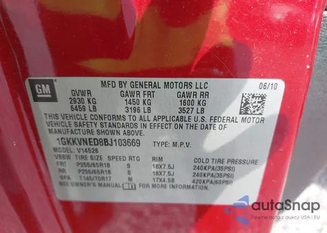 2011 GMC Acadia Sl из США, поврежденный, VIN 1GKKVNED8BJ103669